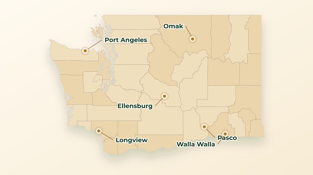 Accurate Washington land service area map with county boundaries and major city labels